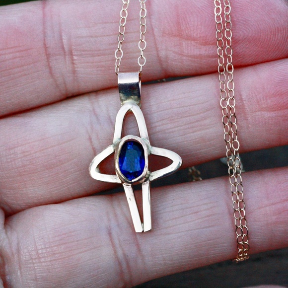 Blue Sapphire Cross Pendant Solid 14K Gold, September Birthday - no chain - Picture 4 of 9